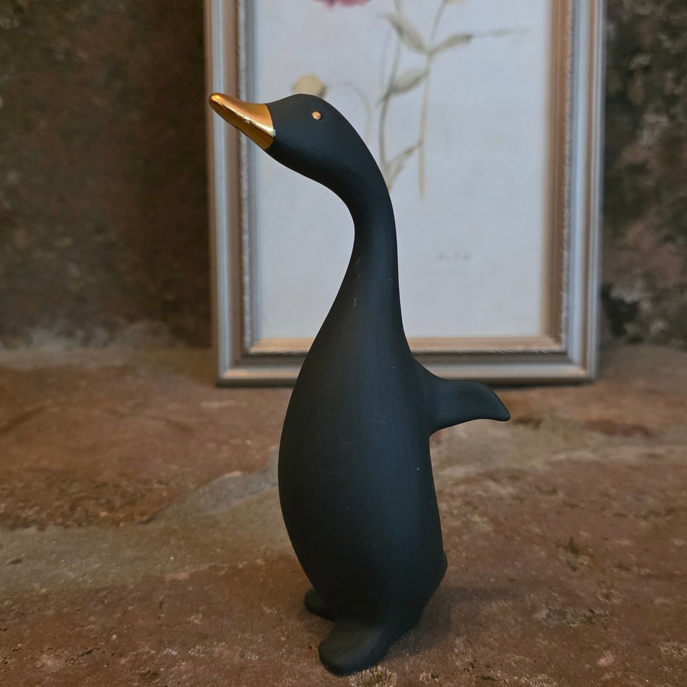 Hollohaza Hungary Matte Black Penguin Duck Figurine Gold Beak Vintage 6.5"